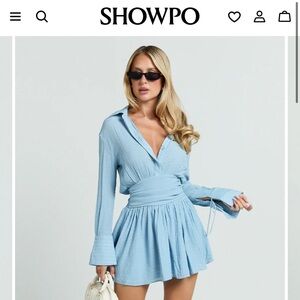 Showpo VALERIE MINI DRESS - COLLARED LONG SLEEVE WAIST SHIRT DRESS IN PALE BLUE